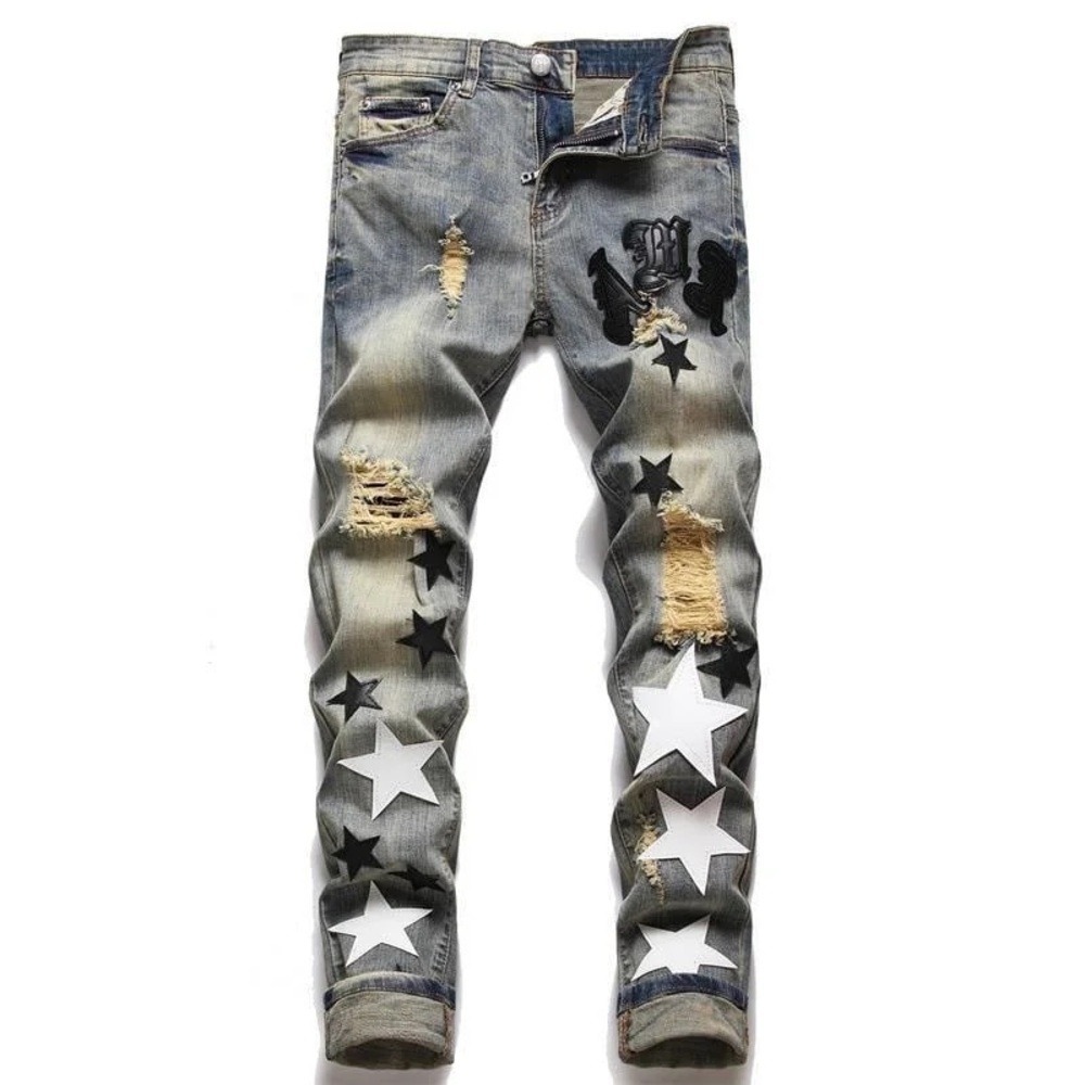 NWT Stylish Distressed Star-Patterned Jeans for Men XL B14